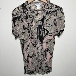 VTG 90s Whimsigoth Top XL Pink Black Paisley Crinkle Button Front Fairy Grunge